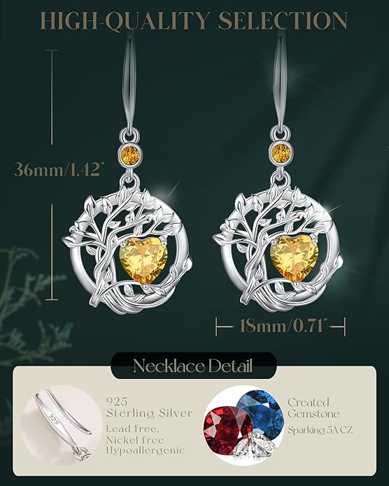 FANCIME Tree of Life Dangle Drop Earrings 925 Sterling Silver Dainty Round Gemstone Birthstone Earring Fine Jewelry Birthday Christmas Gifts for Her Women