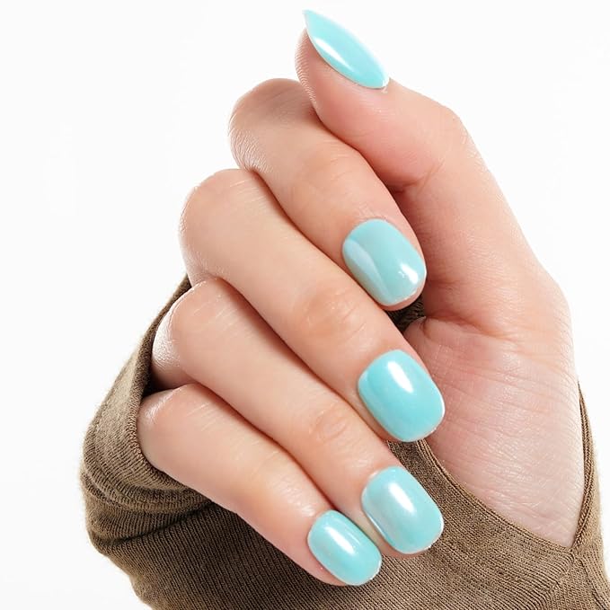 GLAMERMAID Pure Blue Chrome Extra Short Press on Nails, Glazed Handmade Light Blue Fake Nails Short Squoval, Mirror Powder Square Glue on Nails, Acrylic False Nails, Glossy Round Fake Nails for Women