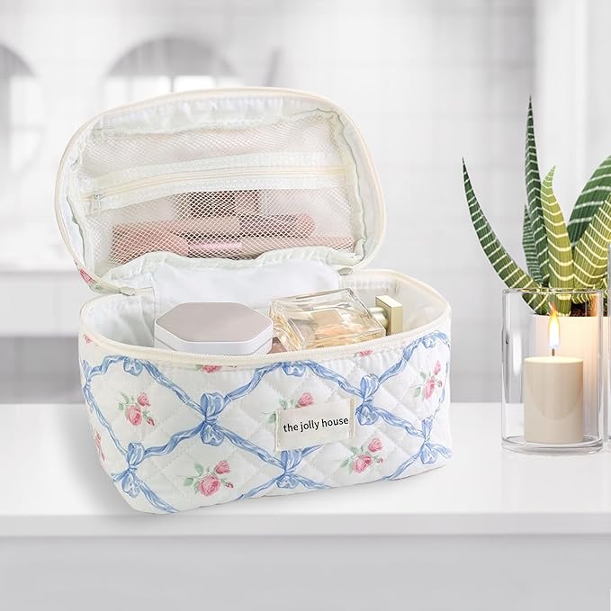 LAKSMI 3PCS Cotton Quilted Floral Makeup Bag Set for Women, Cute Make Up Bags with Brush Pockets, Large Wide-Open Toiletry Pouch Gifts for Toiletries Accessories Travelling Essentials