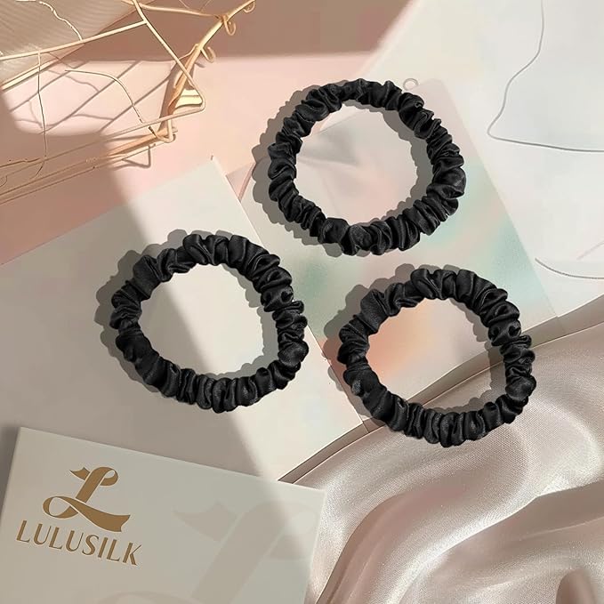 LULUSILK Small Silk Hair Ties No Damage, 100% Real Mulberry Silk, Skinny Scrunchies Ponytail Holders for Thin Fine Hair, Black, Pack of 3