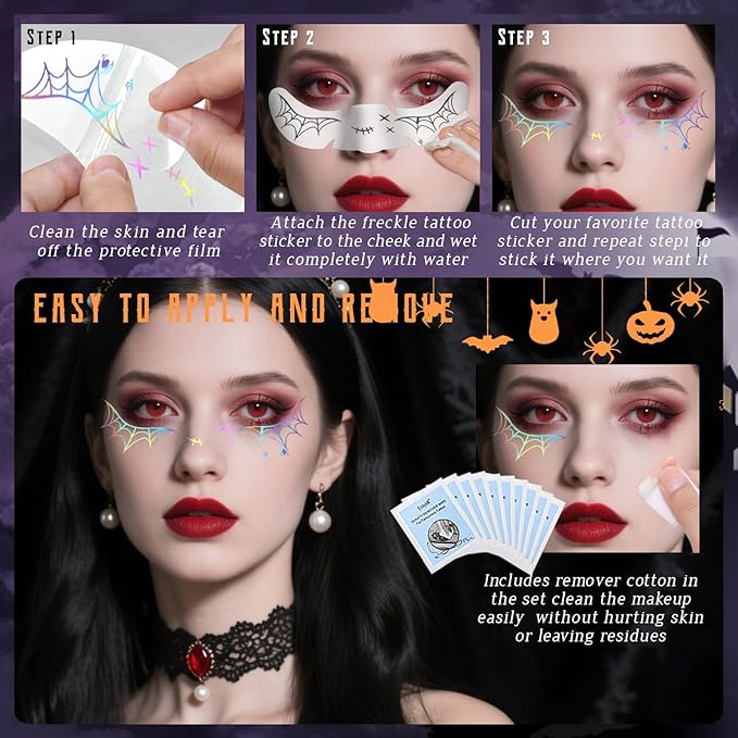 HOSAILY 8pcs Holographic Silver Halloween Glitter Freckles Face Tattoo, Waterproof Long Lasting Multicolor Speckles Patches for Women Kids, Cute Temporary Tattoo Makeup Accessories for Festival Rave