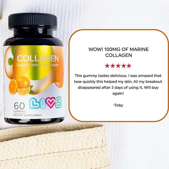 LIVS Marine Collagen Gummies – Supports Skin, Hair, Nails & Joint Health | Hydrolyzed Collagen Supplement for Women & Men | Natural Orange Flavor | Gluten Free & Non-GMO | 60 Gummies/30 Servings