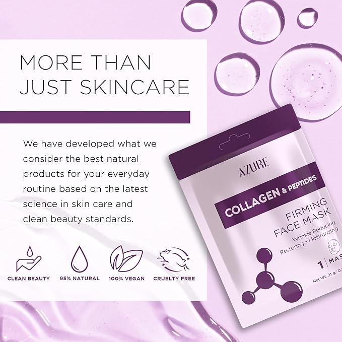 AZURE Collagen & Peptides Lifting Sheet Facial Mask - Restoring, Smoothing & Moisturizing Face Mask - Helps Reduce Fine Lines & Wrinkles, Smooths & Repairs - Skin Care Made in Korea - 10 Pack