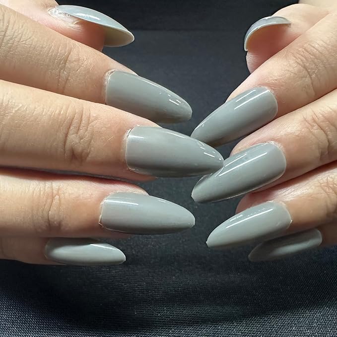 JONKASIPA French Pressed Glue Manicure - Gray Short Oval False Nails, Reusable Adhesive False Nails,Salon Quality 12 Sizes - 24pcs Nail Set