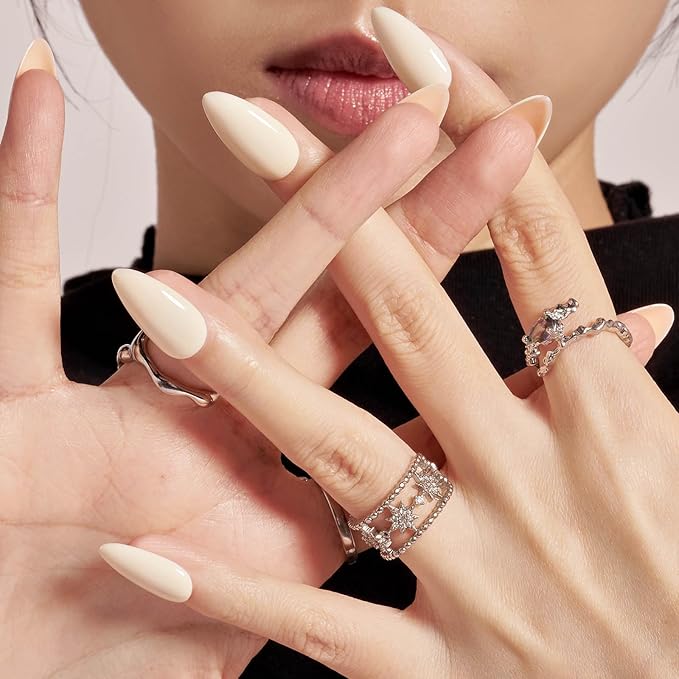 GLAMERMAID White Press on Nails Medium Almond, Handmade Milky Cream White Neutral Jelly Sofy Gel Glue on Nail Stiletto, Glossy Fake Nails Short Oval,Reusable Acrylic Stick on False Nail Kits for Women