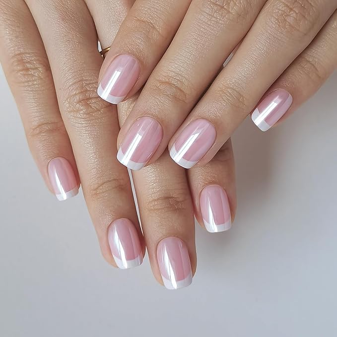SHANGMENG White Chrome French Tip Press on Nails Short - Soft Gel Press on Nails Square for Women Gift, Glossy Glue on Nails in 16 Sizes - 32 Reusable Fake Nails Kit with Glue, Aurora French