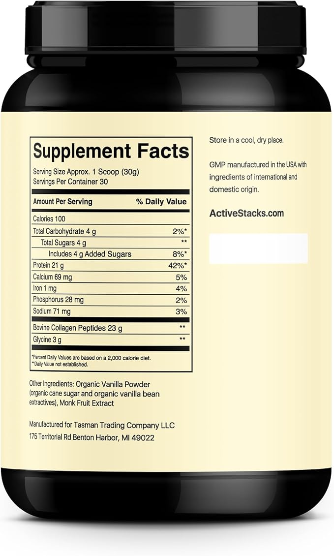 Active Stacks Collagen Peptides Protein Powder, Vanilla - Supports Healthy Hair, Skin, Bones and Joints for Men and Women - Easy-to-Mix Type 1 & 3 Hydrolyzed Collagen from Grass-Fed Beef, 2 Pound