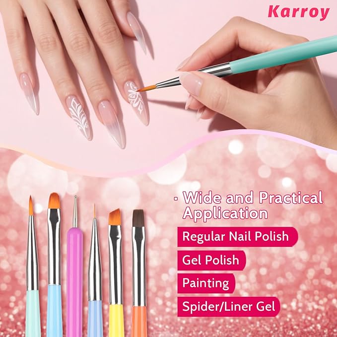 Karroy Nail Art Brushes Kit, Nail Brush Sets with Gel Nail Brush, Nail Extension Gel Brush, Nail Liner Brush, Dotting Tools, DIY Manicure Tools Gift for Women (6PCS Brushes)