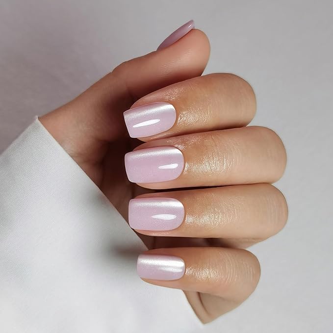 SHANGMENG Pink Cat Eye Press on Nails Square - Soft Gel Valentine Press on Nails Short for Women Gift, Fit Perfectly & Natural Glue on Nails with Glue in 16 Sizes - 32 Reusable Fake Nails, Light Pink