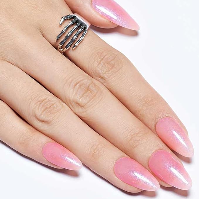 GLAMERMAID Pearl Pink Press on Nails Medium Almond, Handmade Nude Pink Neutral Jelly Sofy Gel Glue on Nail Stiletto, Glossy Fake Nails Short Oval,Reusable Acrylic Stick on False Nail Kits for Women