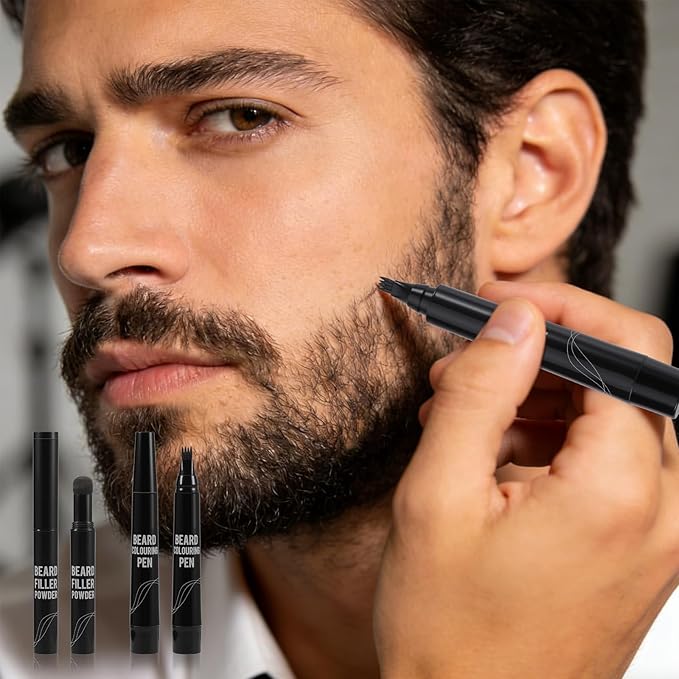 KGAJSGH Men's Beard Pencil & Powder Stick, Micro Fork Tip Beard Filler, Waterproof Beard Color Pen for Natural Looking Beard Mustache, Eyebrows, Hairline Coverage, Waterproof