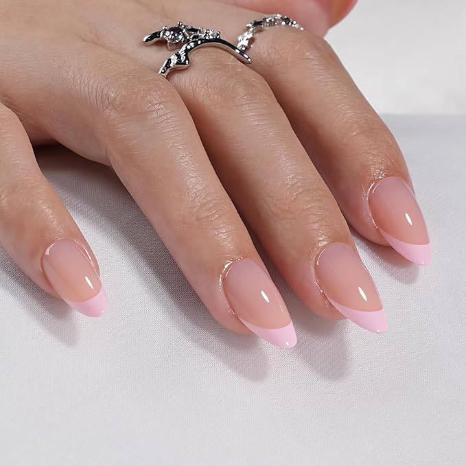 Leefrei French Tip Press on Nails - Pink Short Almond Press on Nail, Glossy Fake Nails Reusable Nails Press ons for Women, 32 Pieces in 16 Sizes False Nails Kit with Glue, Petal Line
