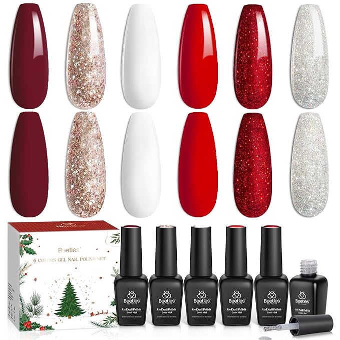 beetles Gel Polish Set – Snowlit Scarlet New Year Gel Polish Set, 6 Color Burgundy Red Glitter White Silver Snow Holiday Sparkle Manicure Kit Soak off UV Nail Art Gifts for Women