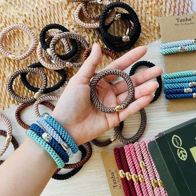 Tanha 15Pcs Hair Tie Bracelet,Hair Ties For Women Men,Ponytail Holders For Thick Hair,Strong Stretchy No Damage No Crease Hair Bands (Blue)