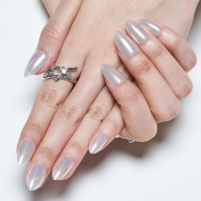 GLAMERMAID Chrome Press On Nails Short Almond, White Pearl Handmade Soft Jelly Gel Fake Nails, Glazed Donut Round Oval Stick Glue on Nails Kit for Women, Mermaid Matal Reusable Acrylic False Nail Set
