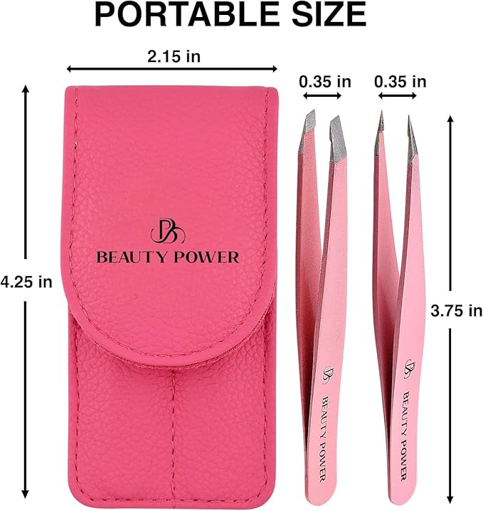 Beauty Power Professional Tweezers Set – Slant & Point, Ultra Precision German Stainless Steel Tweezers for Eyebrows, Chin, Ingrown Hair & Facial Grooming – Lightweight with Travel Case (Pink)