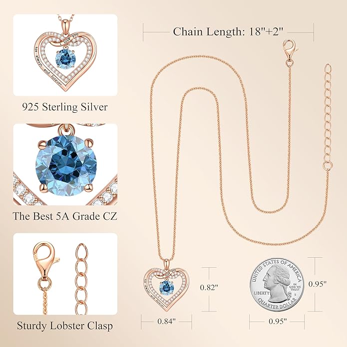G&GEMSJEW Infinity Heart Birthstone Necklaces for Women, 925 Sterling Silver Jewelry, Pendant Heart Necklaces Birthday Anniversary Christmas Gift for Women Wife Mom Girlfriend Lady