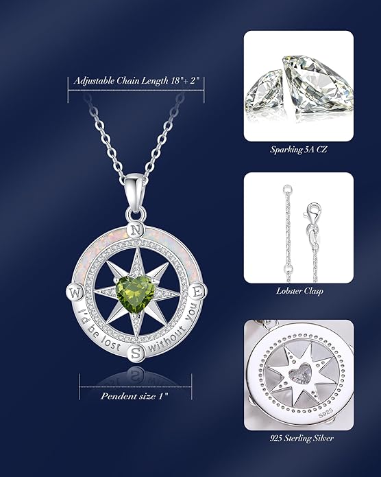 FANCIME Compass Necklace for Women Sterling Silver Compass Jewelry Opal Pendant Fine Jewelry Gemstone Birthday Christmas Gifts for Wife