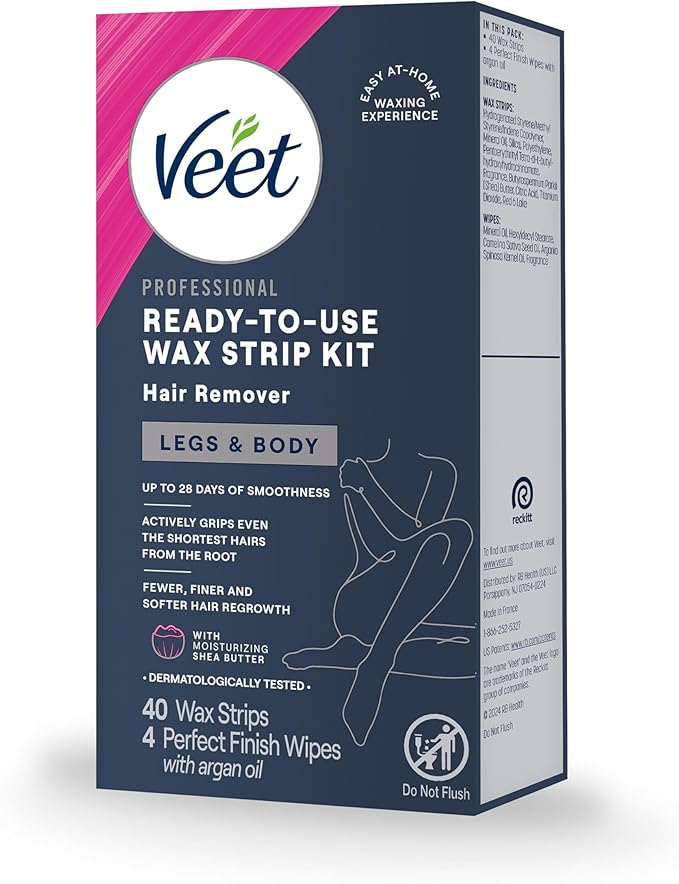 VEET Sugar Wax Strips For Women's Body Hair Removal, Bikini Hair Removal Kit, Pubic, Dermatologically Tested For Body & Intimate Areas, 40ct Wax Strips with Shea Butter & 4ct Wipes