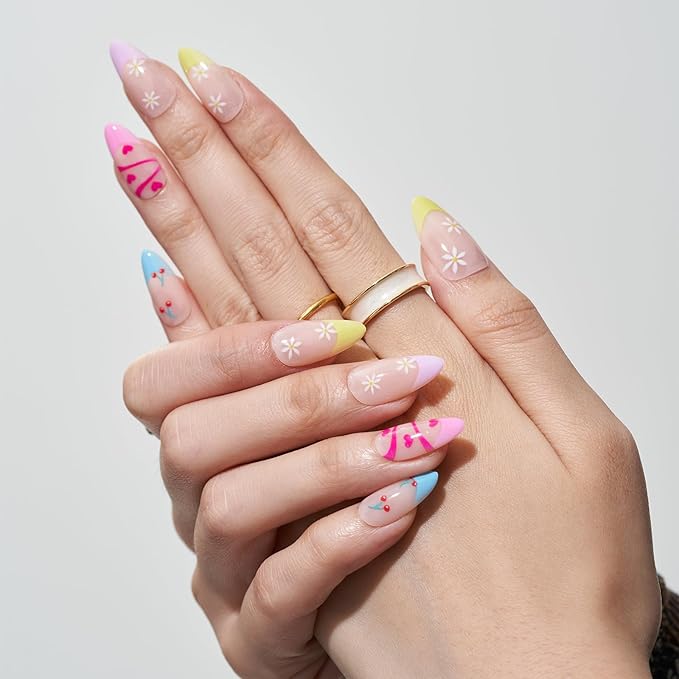 GLAMERMAID Light Colorful Rainbow Press on Nails Medium Almond, Tie Dye Jelly Soft Gel False Nals, Stiletto Glue on Nails Kit for Women, Reusable Short Oval Stick on Acrylic Fake Nails Manicure Set