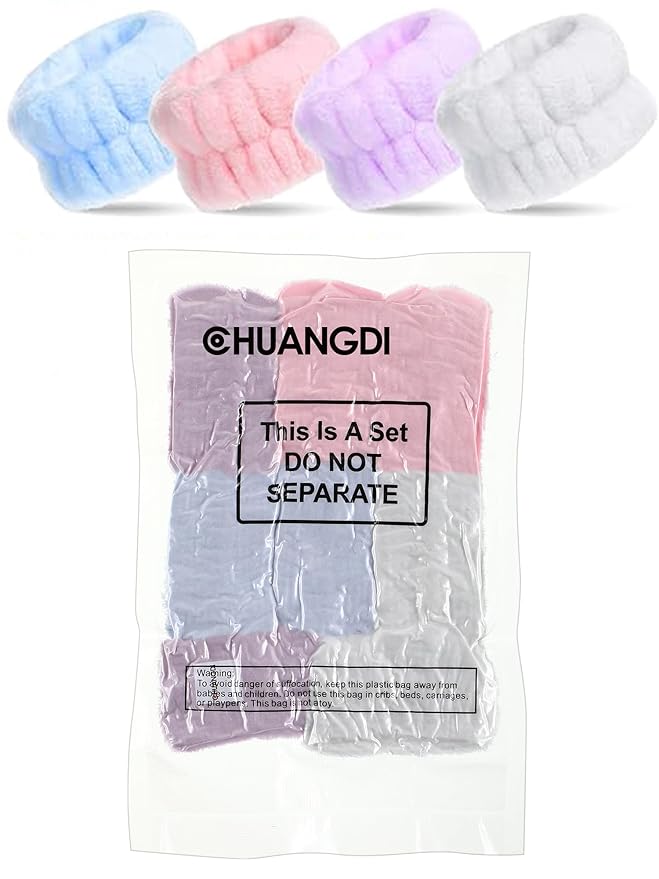 Chuangdi 4 Pairs Wrist Bands for Washing Face Wrist Spa Microfiber Wash Towel Band Scrunchies Absorbent Wristbands Sweatband for Women Prevent Liquid from Spilling(Lovely Colors)