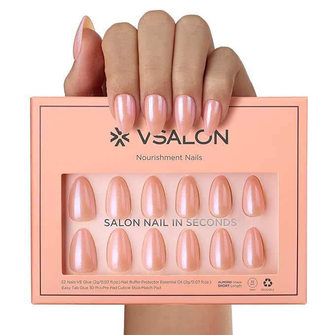 VSALON Press On Nails Short Almond, 32 Pcs 16 Sizes Nude Pink Shimmer Chrome Neutral Fake Nails With UV Cure Glue, Glossy Aurora Glazed Donut Reusable Stick On Nails False Nails Fall Gift For Women
