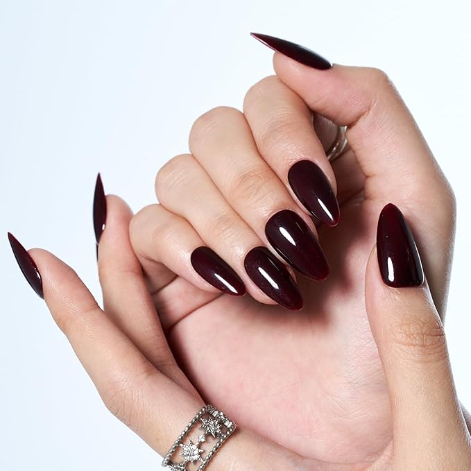 GLAMERMAID Dark Red Press on Nails Medium Almond, Handmade Jelly Soft Gel Deep Red Glue on Nails Stiletto, Burgundy Gothic Fake Nails Set, Reusable Acrylic Stick on False Nails Manicure Kit for Women