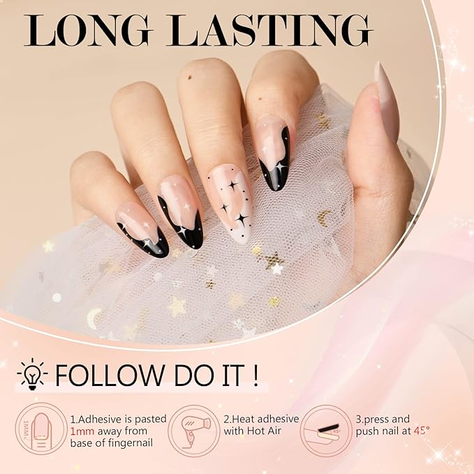 GLAMERMAID Black Press on Nails Medium Almond, Emo Crush Jelly Gel Gothic Stiletto False Glue on Nails Kit with Moon Star Desgin for Women, Reusable Short Oval Stick on Acrylic Fake Nail Manicure Set