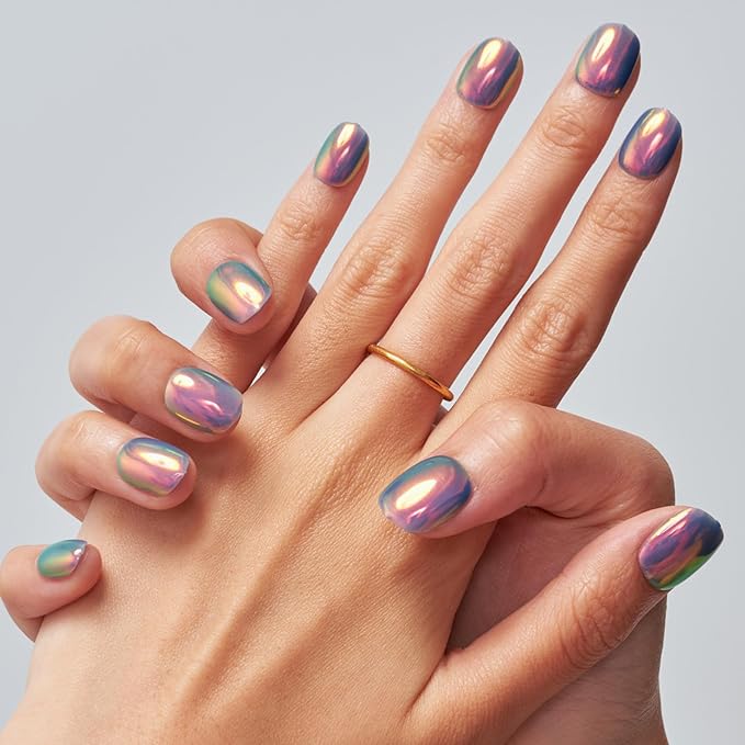 GLAMERMAID Blue Chrome Extra Short Press on Nails, Pearl Fake Nails Short Squoval, Glazed Handmade Jelly Gel Square Glue on Nails, Pure Purple Acrylic False Nails, Glossy Round Fake Nail for Women