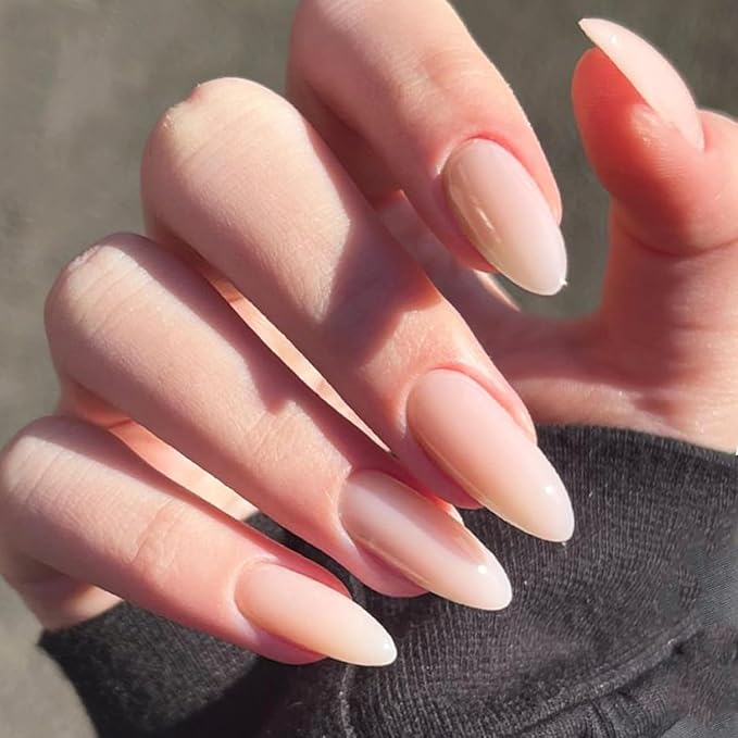 GLAMERMAID Press on Nails Medium Almond, Spring Summer Nude Gel Glue on Nail, Glossy Short Stiletto Reusable UV Finish Fake Nails Acrylic False Nails Manicure Kits for Women
