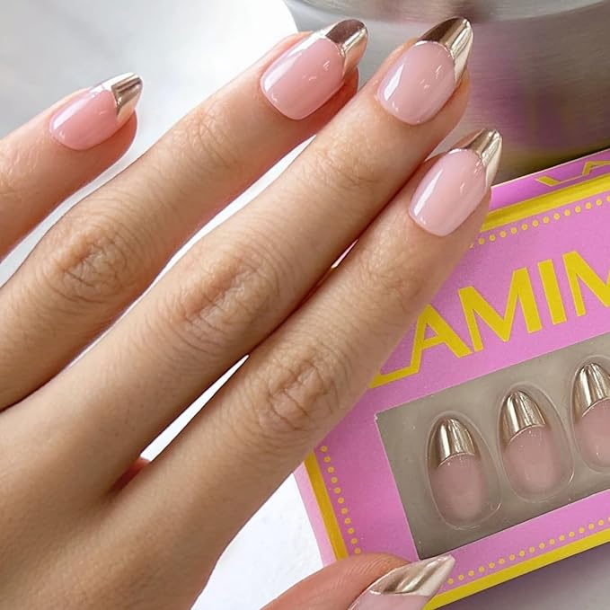 LAMIMOSA 32Pcs Press On Nails Short Almond - Gold French Tip Press on Nails, Soft Gel Fake Nails in 16 Sizes, Reusable Glue on Nails Kit, GOLD BLESSED