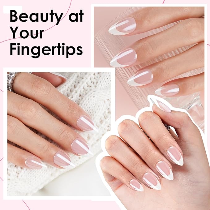 Canvalite French Tip Press On Nails Short, Chrome Almond Press on Nails Reusable Acrylic Fake Nails with Glue & Glue Remover Easy to Use 30Pcs Manicure Kit for Women, Natural White