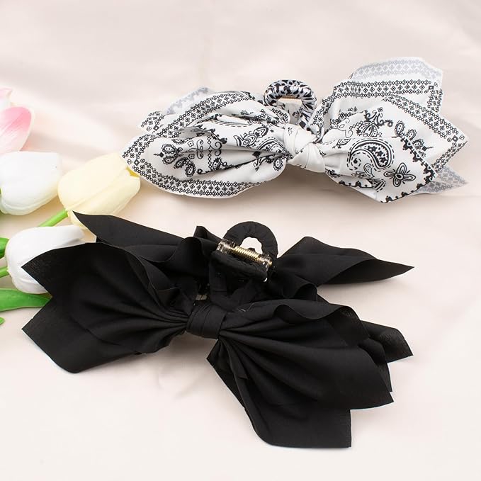 Bow Claw Clips Bow Hair Clips Black White Paisley 2PCS Big Hair Bows for Women Butterfly Styling Large Hair Clips for Thick Hair for Girls Hair Accessories for Teen Gifts for Valentine's Day