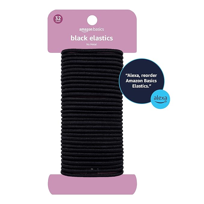 Amazon Basics No Damage Hair Elastics/Hair Ties - No Breakage, No Pain, No Pull, and No metal parts. Tangle-Free Hold for all hair types. Black, 32 Count, Ponytail Holders For All Hair Types.