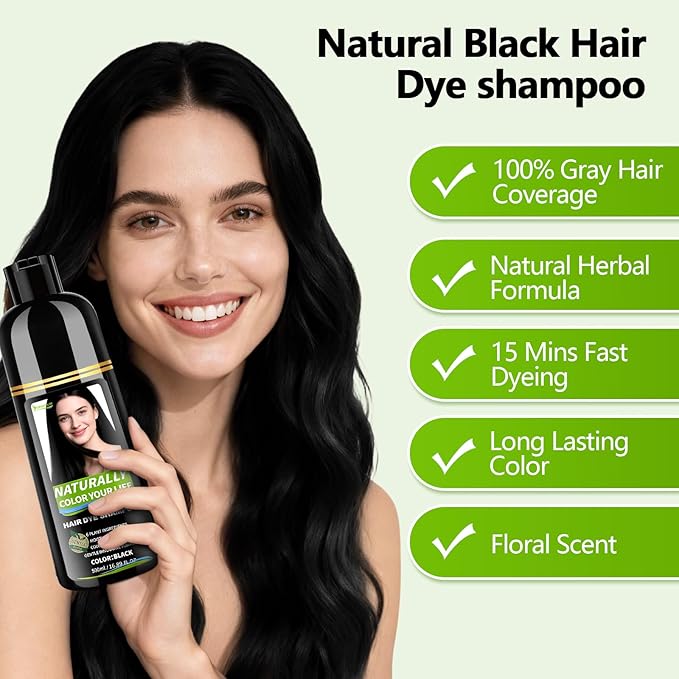 Vireo Color Black Hair Dye Shampoo for Women & Men, 15 Min Gray Coverage, 3 in 1 Semi-Permanent Color with Natural Herbal Ingredients