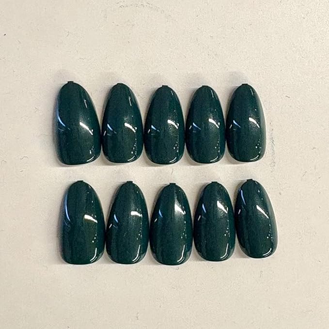 Modelones Dark Green Press on Nails Almond, Short Almond Fake Nails, Reusable Nail Kit with Nail Glue Adhesive Tabs Mini Nail File, Nails Press Ons 32Pcs 16 Sizes