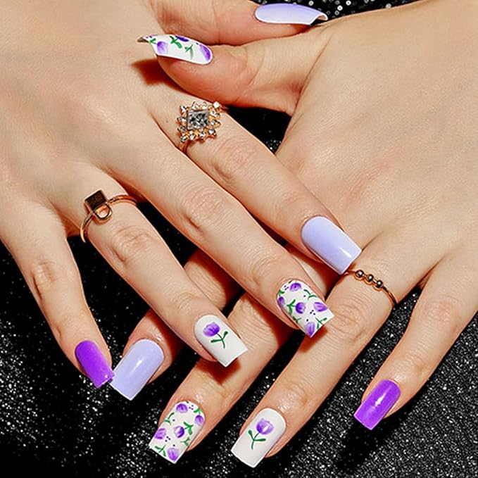 GLAMERMAID Dark Purple Press on Nails Medium Square, Floral Blossom Deep Purple Gel False Nals, Tulip Glue on Nails Kit for Women, Natural Lavender Reusable Stick on Acrylic Fake Nails Manicure Set