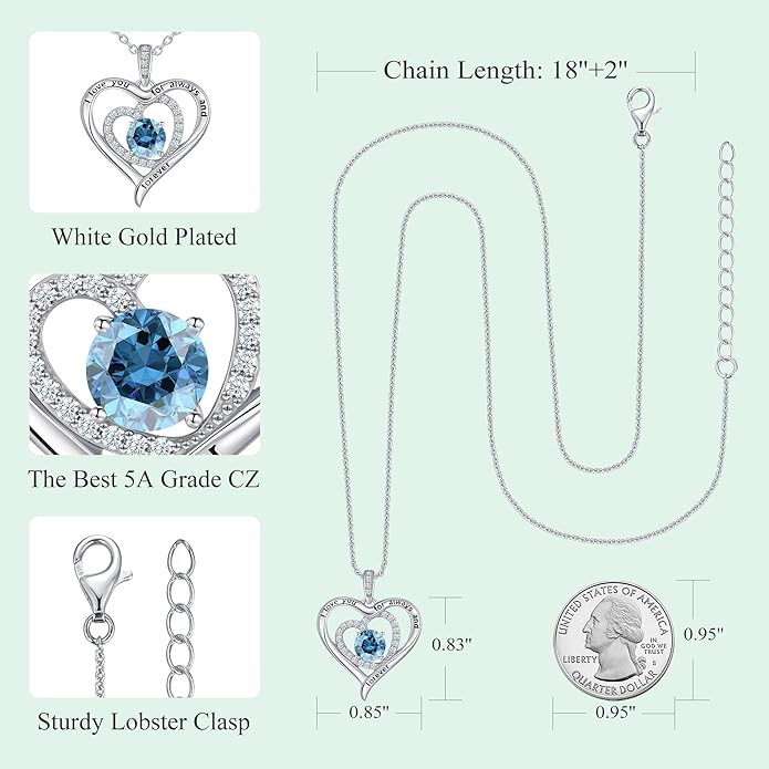 S925 Sterling Silver Necklace for Women, Valentines Day Gifts for Her, Love Heart Birthstone Necklaces for Women, Wife Jewelry, Mom Birthday Valentines Mothers Day Gifts, Girlfriend Necklaces, Daughter Heart Jewel, Anniversary for Her