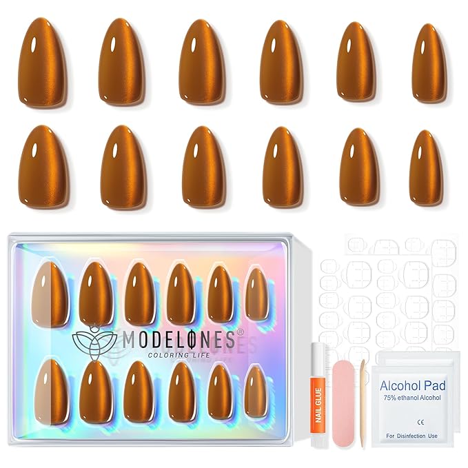 Modelones Gold Cat Eye Press on Nails Almond, Short Fake Nails, Reusable Nail Kit with Nail Glue Adhesive Tabs Mini Nail File, Nails Press Ons 32Pcs 16 Sizes, Women Girl Gift