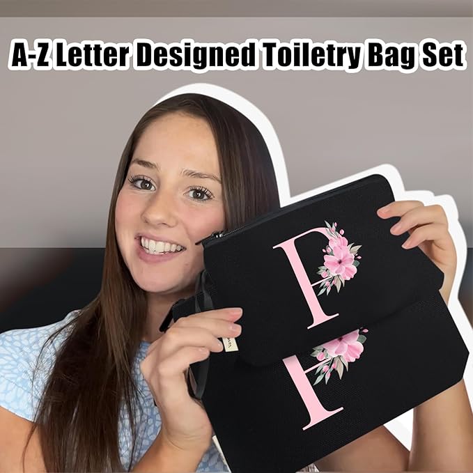 Vavabox A-Z Personalized Makeup Bag, Birthday Gifts for Women Mom, Gifts for Best Friend, Bride Bridesmaid Cosmetic bag (P, 04-Black Set)