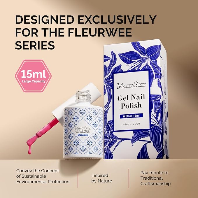 MelodySusie Fleurwee Plant Based Gel Nail Polish, Hema Free Hot Pink Nail Polish, Soak Off UV LED Gel Polish Gift for Women 21 Non Toxic Long Lasting Nail Art Manicure Salon DIY at Home B1601