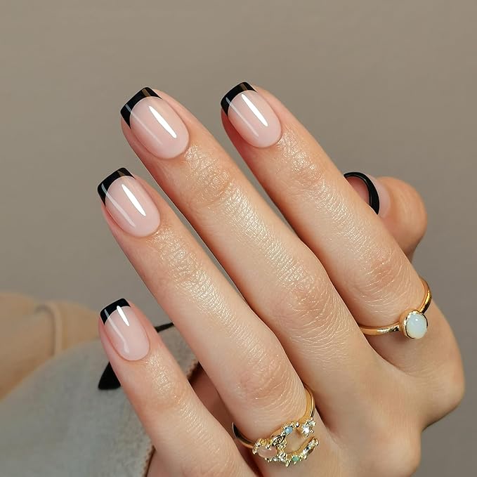 SHANGMENG Black French Tip Press on Nails Square - Soft Gel Press on Nails Short, Fit Perfectly & Natural Stick on Nails with Glue in 16 Sizes - 32 Reusable Fake Nails for Women Gift, Black French