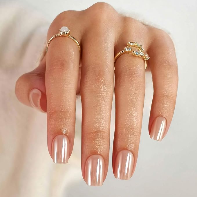 SHANGMENG Nude Chrome Press on Nails Square - Soft Gel Short Press on Nails for Women Gift, Fit Perfectly & Natural Glue on Nails in16 Sizes - 32 Reusable Fake Nails with Glue, Aurora Nude