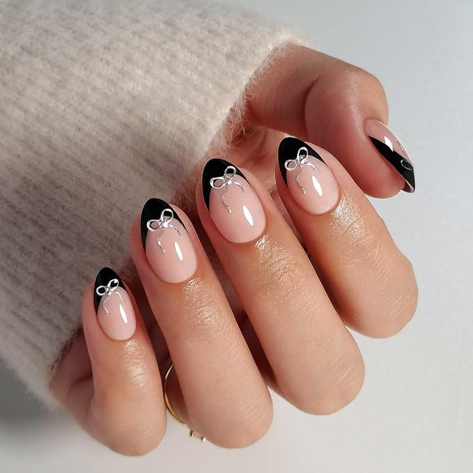 SHANGMENG Black French Tip Press on Nails Short with 3D Bow Design - Soft Gel Almond Fake Nails for Women Gift, Natural Stick on Nails with Glue in 16 Sizes - 32 Reusable Nails, Silver Ribbon