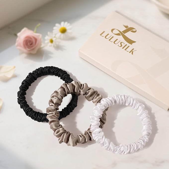LULUSILK Small Silk Hair Ties No Damage, 100% Real Mulberry Silk, Skinny Scrunchies Ponytail Holders for Thin Fine Hair, Black White and Brown, Pack of 3