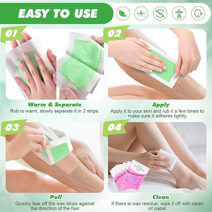 116PCS Wax Strips for Hair Removal, Facial Hair Removal For Women At Home Waxing Kit for Women Face and Body | 116 Waxing Strips & 8 Oil Wipes for All Skin Types