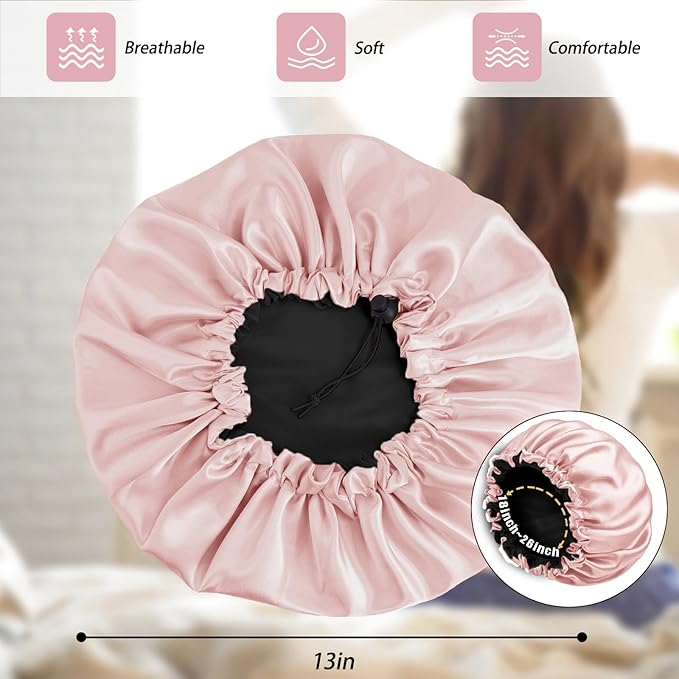 Satin Silk Bonnet for Curly Hair Bonnet Braid Bonnet for Sleeping Bonnets for Women Large Double-Layer Adjustable(Blush Pink)