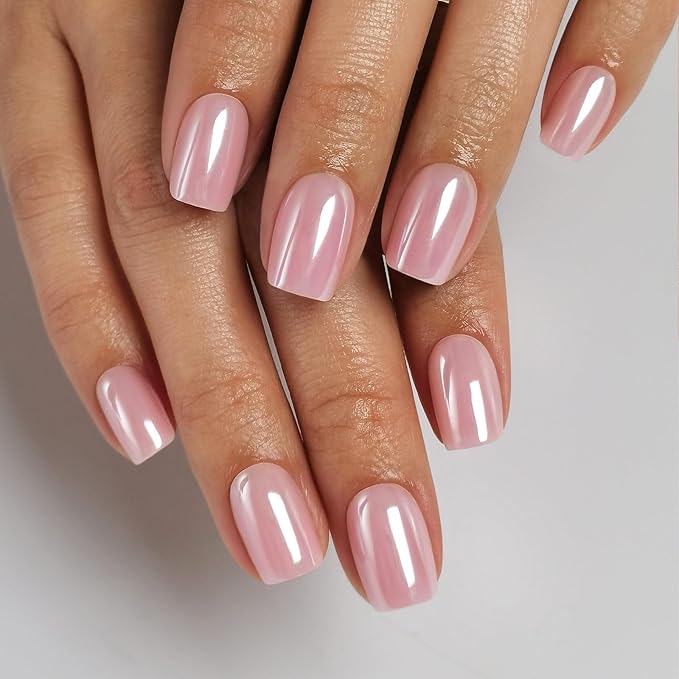 SHANGMENG Pink Chrome Press on Nails Square - Soft Gel Valentines Press on Nails Short for Women Gift, Glossy Stick on Nails with Glue in 16 Sizes - 32 Reusable Fake Nails, Aurora Light Pink