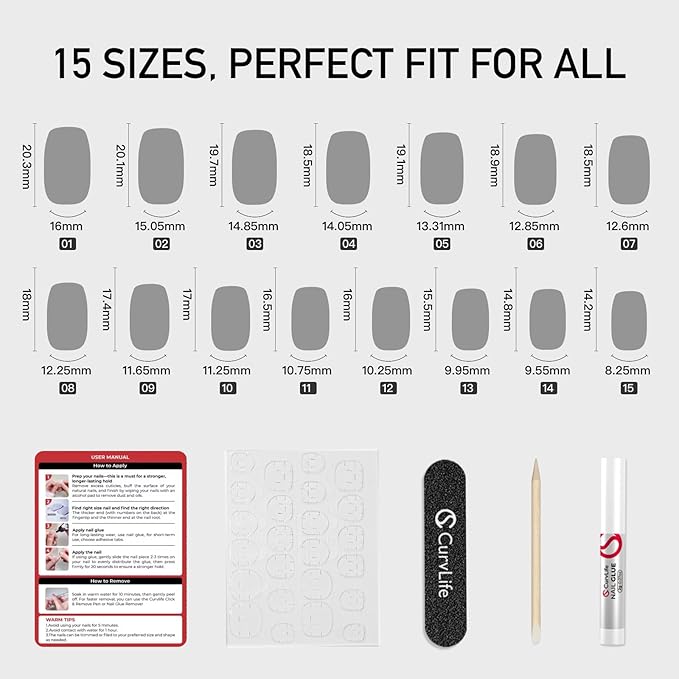 Curvlife Press on Nails Acrylic Pink glitter Fake Nails with Design Full Cover False Nails for Women Reusable Nail Kit with Nail Glue Adhesive Tabs