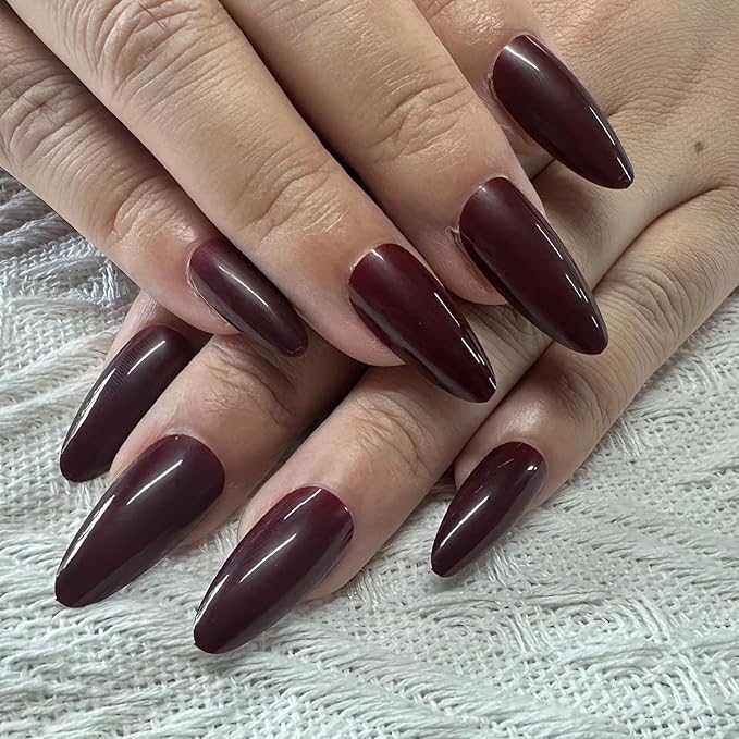 JONKASIPA Medium Almond Shape, Press On Nails, Burgundy Red Fake Nails Short Oval, Reusable Acrylic Patch Fake Nail Set Designed for Women